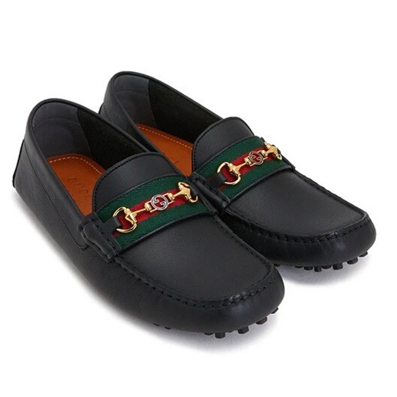 Gucci Leather Slip On Loafer Black with Gold Buckle and Red/Green Stripe Mens 11 - Picture 1 of 7
